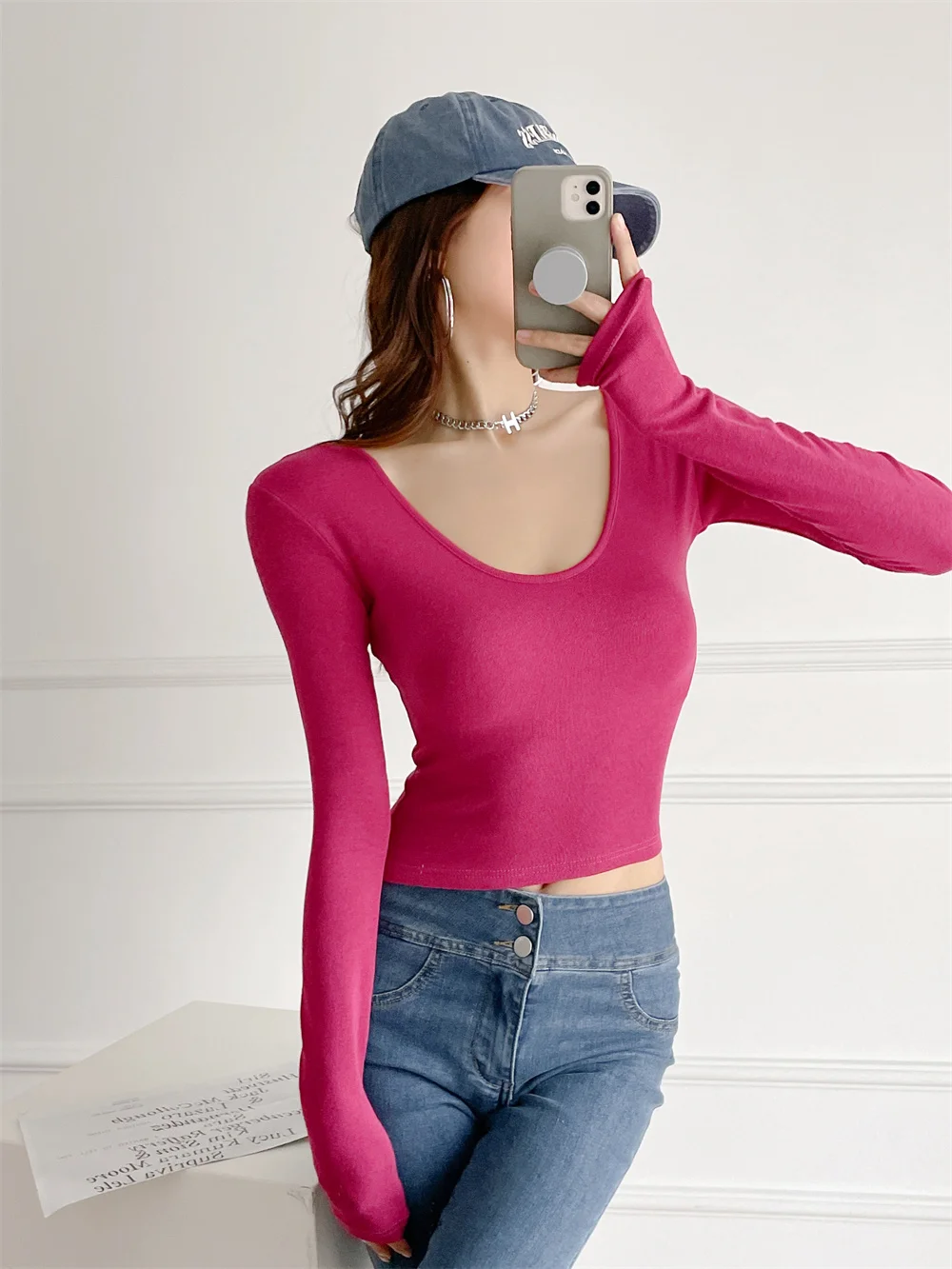 

Autumn and winter new street style solid elastic V-neck long sleeve T-shirt women casual tight bottomed pullover T-shirt women