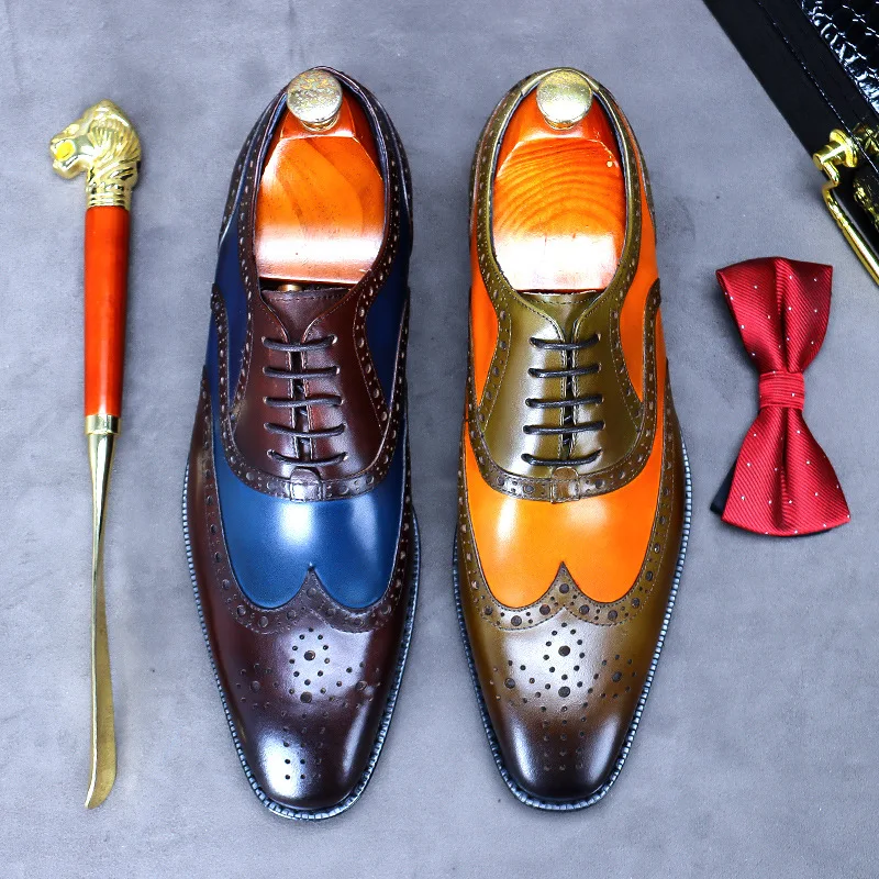 

Orange Green Mixed Colors Men's Dinner Party Suit Bullock Carved Leather Shoes British Businessman Pointed Toe Casual Oxfords