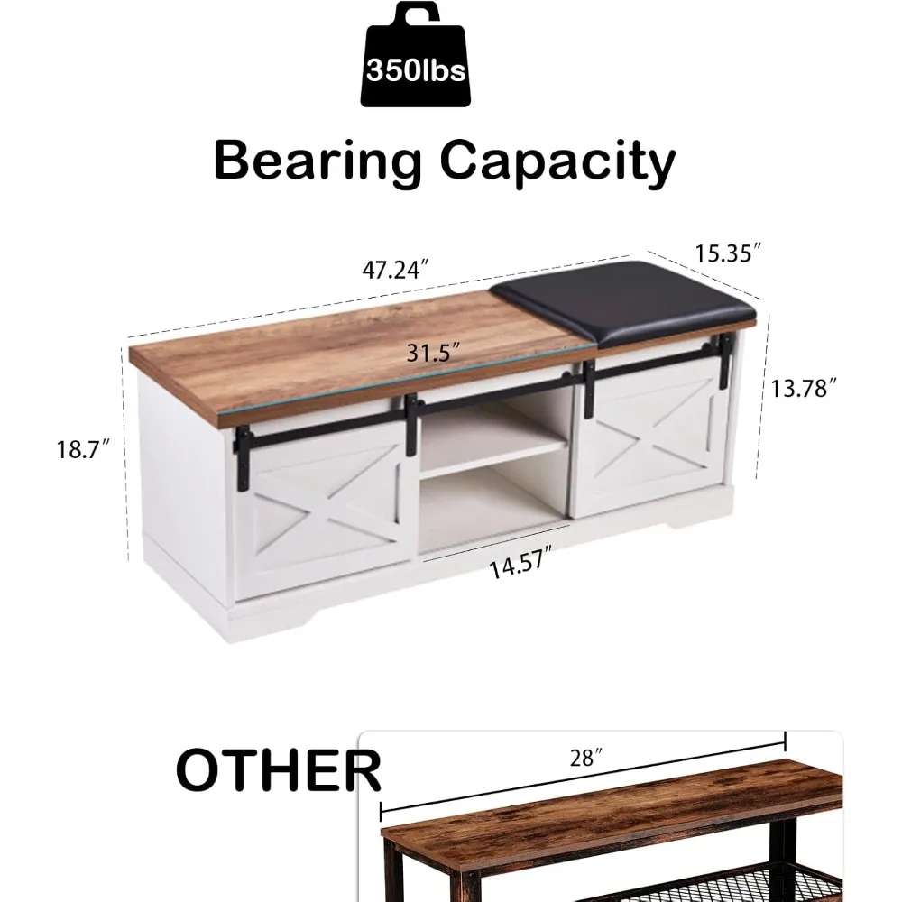 47 Inch Shoe Cabinet, Modern White Shoes Bench with Double Sliding Barn Door & Thickened, Shoe Cabinet 2