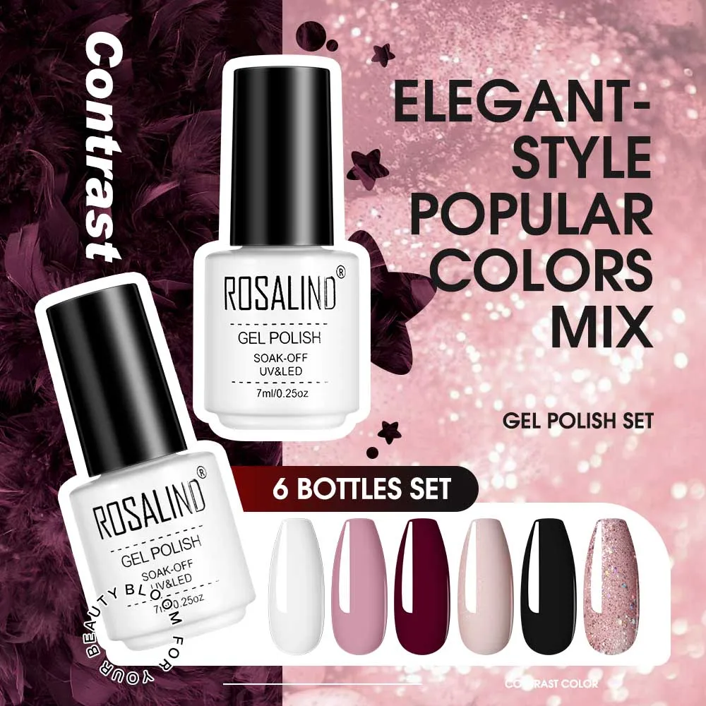 ROSALIND Pink Series 6Pcs/kits Nail Gel Polish Set Trendy Shiny Bright Gel Polish Set For Salon Nail Set Need LED/UV Lamp 4