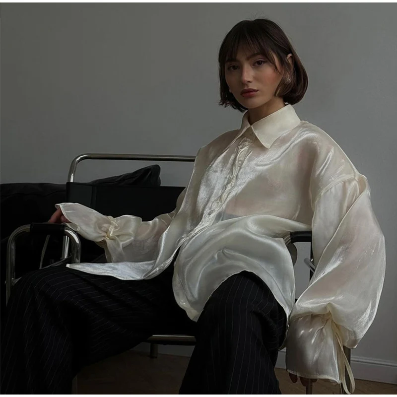 Camisas vintage lisas con mangas acampanadas y cuello alto para mujer, elegantes camisas con solapa y botonadura sencilla con cordones, blusas elegantes de calle para mujer