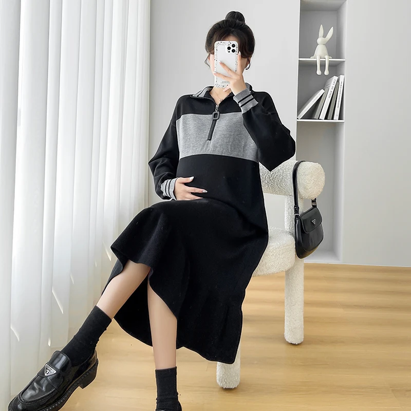 

Winter Pregnant Women Nursing Dress Postpartum Knitting Lactation Dress Maternity Breastfeeding Sweater Preppy Style Mermaid