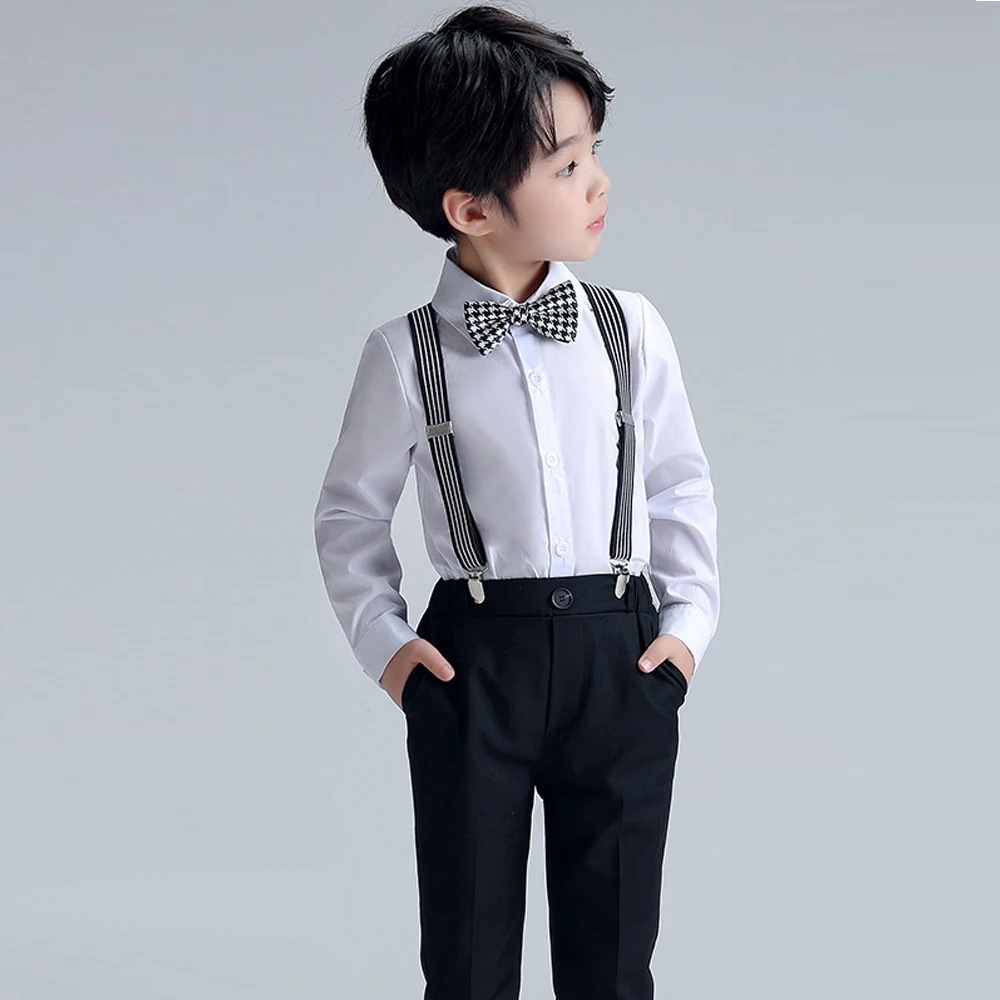 4 Pieces Baby Boy Long Sleeve Shirt Suspender Pant Outfit Set