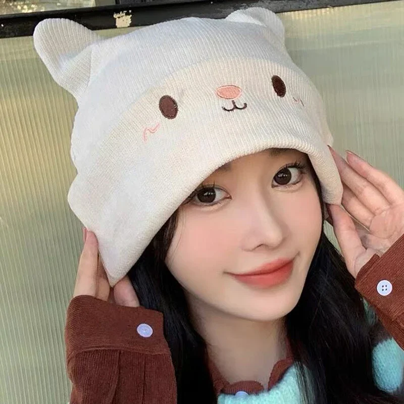 

Winter Warm Cat Ears Hats Women Cute Korean Cartoon Knitted Cap Female Outdoor Windproof Version Pullover Ear Protection Beanies