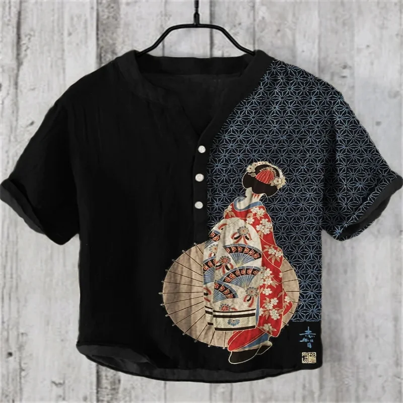 

Summer men's shirt v-neck linen black series print unisex retro minimalist style short-sleeved button-down shirt plus size top
