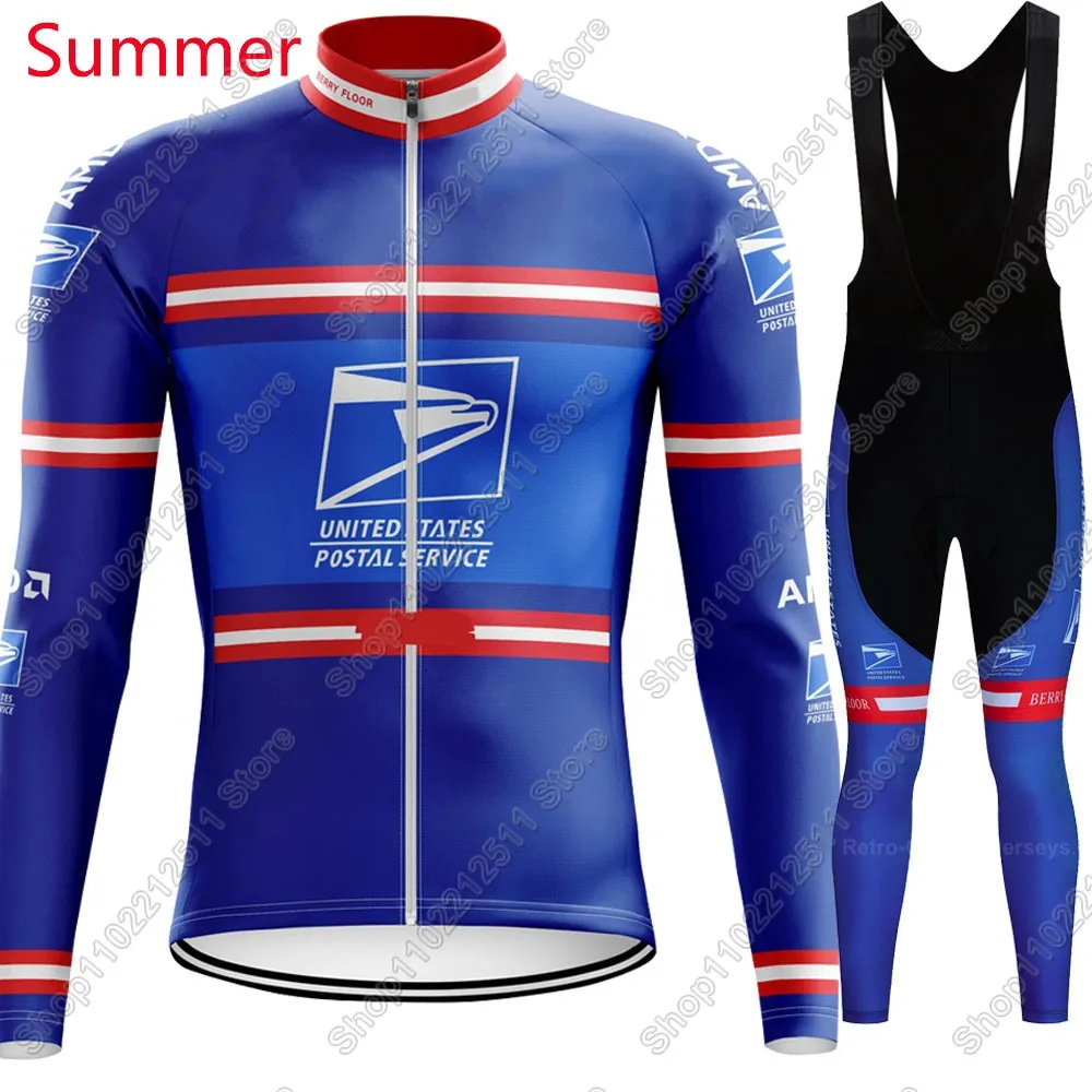 USA-Postal Team Cycling Jersey Set Clothing Suit Mens Summer Winter Long Sleeve MTB Bike Road Pants Bib