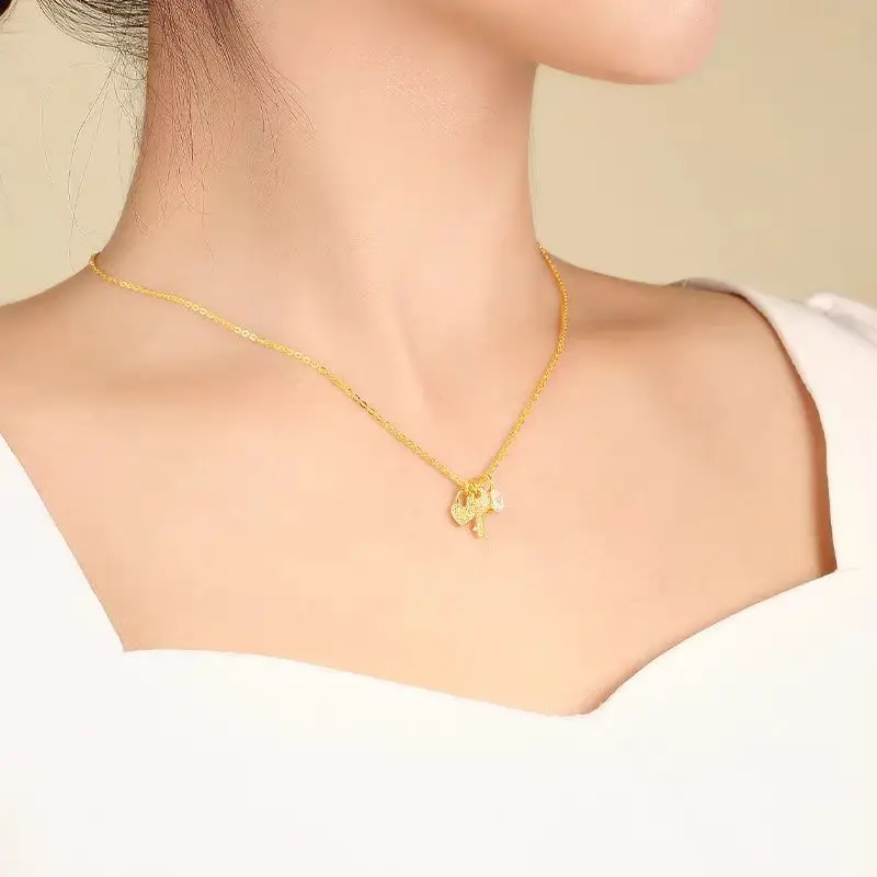 24K Gold AU999 Heart Lock & Key Pendant Necklace with Zircon, Women's Collarbone Chain, Luxury Couple Gift Set