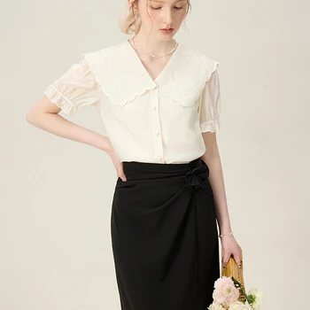 FSLE French Heavy Embroidery Large Lapel Elegant Classic Shirt For Women 2024 Summer New Design Versatile Top 24FS12239