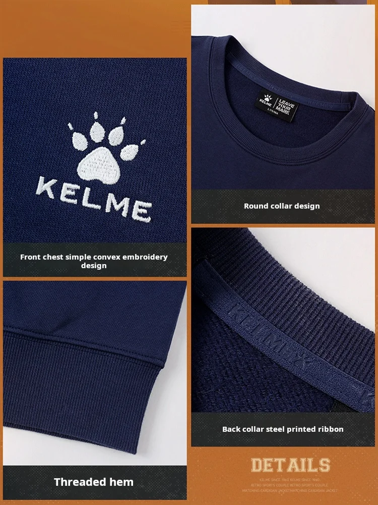 Kelme Fleece Hoodie Autumn Round Neck Solid Color Long Sleeved T-shirt Top Men's Casual Sportswear