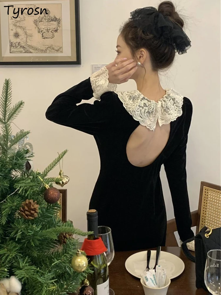 

Autumn Black Velvet Long Sleeve Dresses for Women Retro Lace Chic Backless Dress Temper Graceful Ladies Fashion Partywear Midi