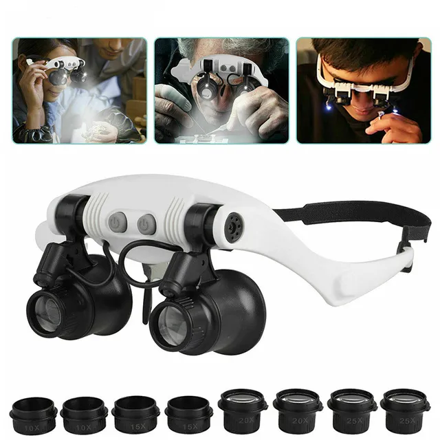 Gafas de aumento 10X 15X 20X 25X lámpara de luz Led lupa de cabeza joyería diadema lupa gafas de ojo gafas de vidrio óptico reparación de herramientas
