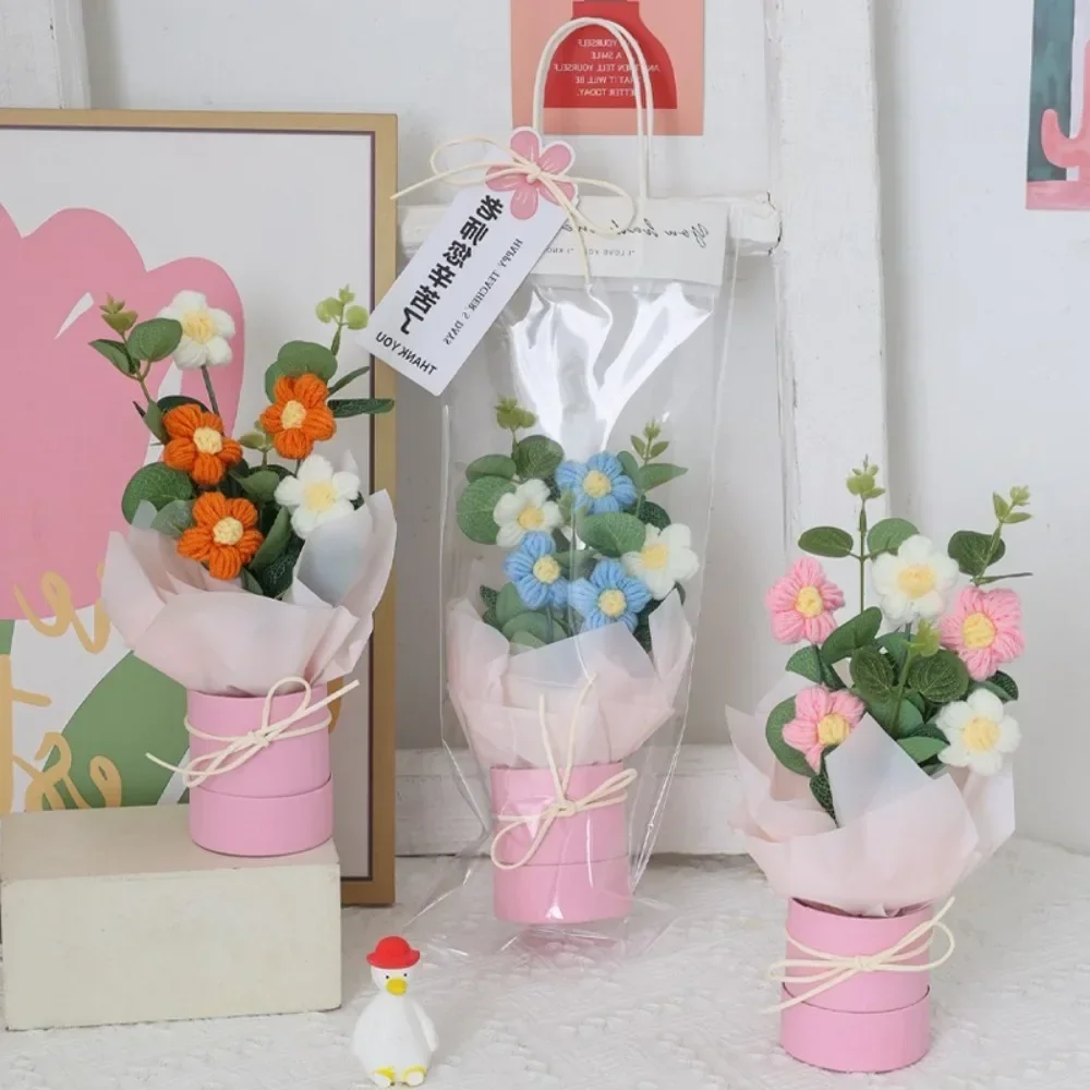 1pc Crochet Flowers Bouquet Finished Graduation Flower Bouquet With Gift Bag Led Lamp String Festival Decoration Handmade Gifts