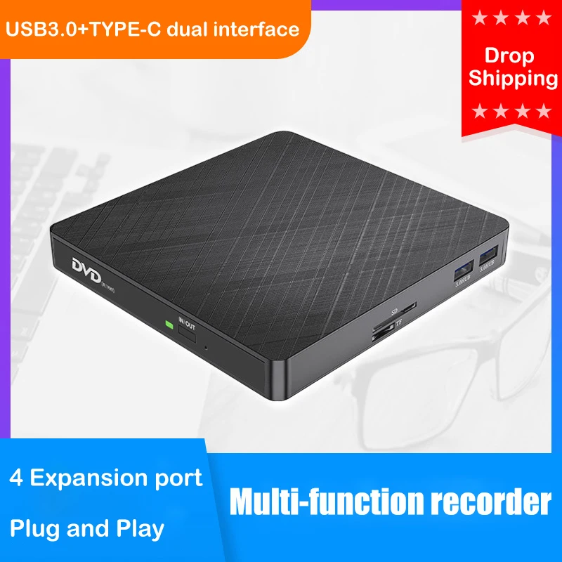 

Внешний CD/DVD привод USB 3.0 Type-C, устройство для записи дисков с SD/TF и USB слотами, оптические приводы, CD DVD-плеер для пк, ноутбука, Windows 11
