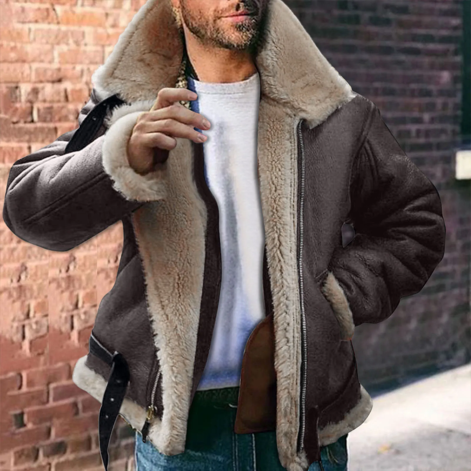 

Plain Sweatshirt Men Coat Faux-' Lapel Collar Padded Leather Jacket Vintage Thicken Coat Social Experiment Hoodie