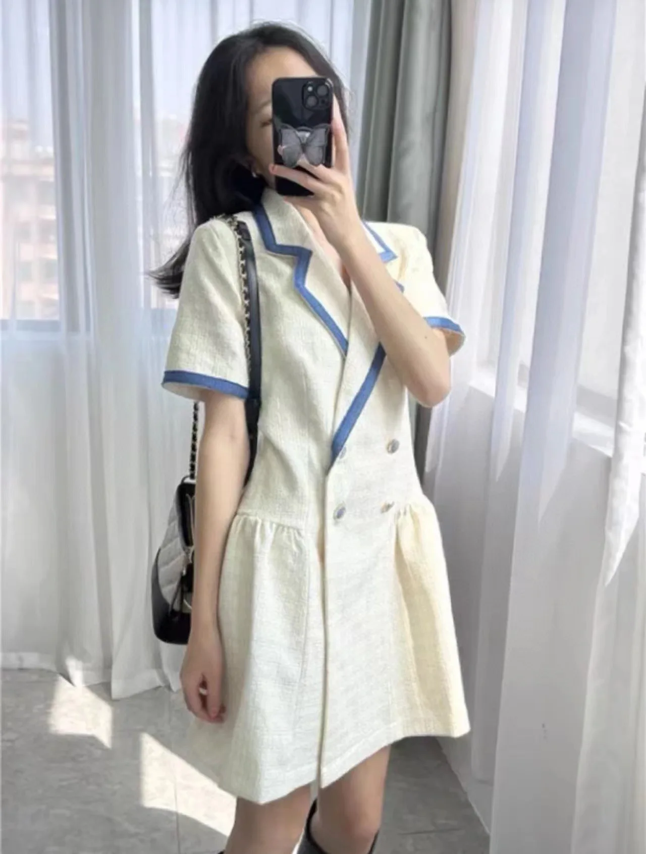 

Women Tweed Mini Dress Contrast Color Notched Short Sleeve Double Breasted Elegant Summer 2024 Robe