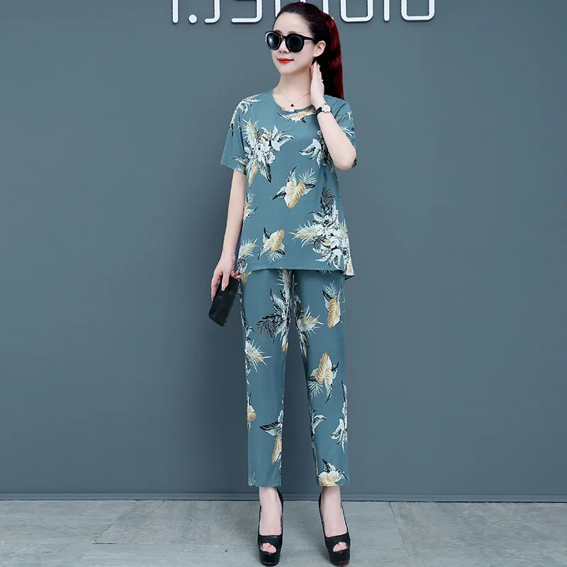

Women Two Piece Sets Suit Summer Casual Loose Short Sleeve T-shirts and Harem Pants Print Woman Tops
