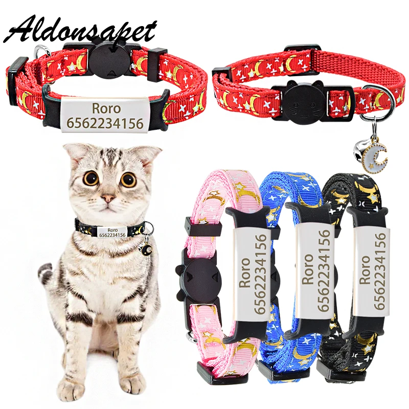 Custom Nameplate Cat Collar Bell Personalized ID Name Tag Safety Adjustable Stars Moon Cat Collar Necklace Pet Kitten Cat Collar personalized pet collar customized nameplate id tag adjustable suit fiber coffee brown cat dog collars lead leash