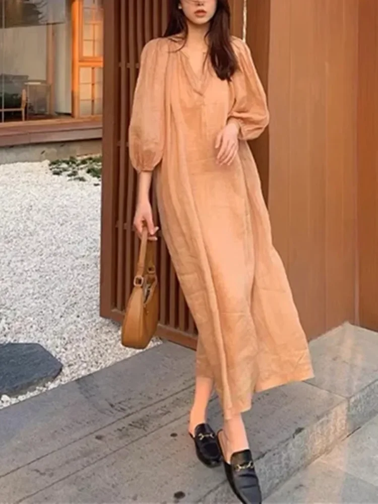 

Women Midi Dress Solid Color Perspective Lace-up Bohemian Loose Spring Summer V-neck Lantern Sleeve Robe