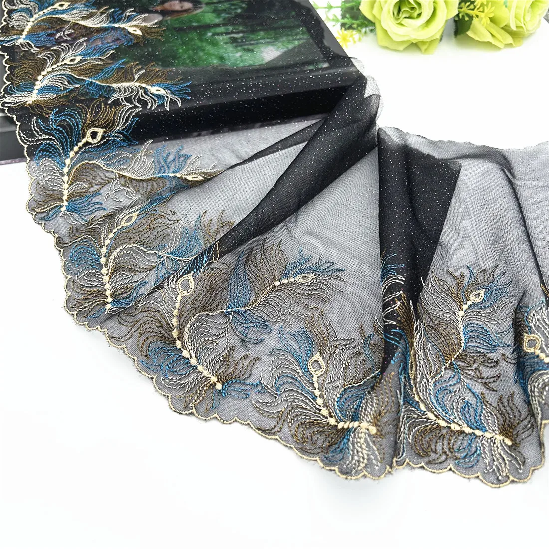 3y/lot Width7 7/8 inch (20cm) Black Shimmer Foil Embroidery Lace Trim Skirt Hem Clothes Sewing Material DIY Apparel Dress Fabric 5