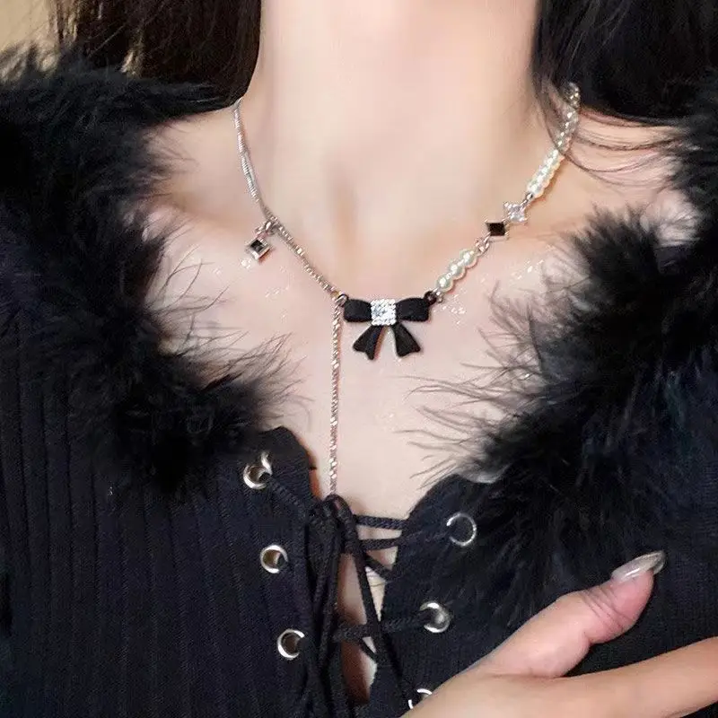 Bow Pearl Chain, Patchwork Necklace For Women, Zircon Necklace, Clavicle Chain Femme Jewelry Girlfriend Gift Cute