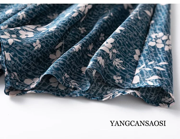 French Blue Floral Artistic Sense 93%Natural Mulberry Silk Elastic Satin Chinese Classical Short Sleeved Button Up Women's Shirt