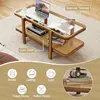 Rattan Coffee Table, 47.5" Rectangle Solid Wood Tea Table w/Tempered Glass Tabletop & PE Rattan Storage Shelf 6