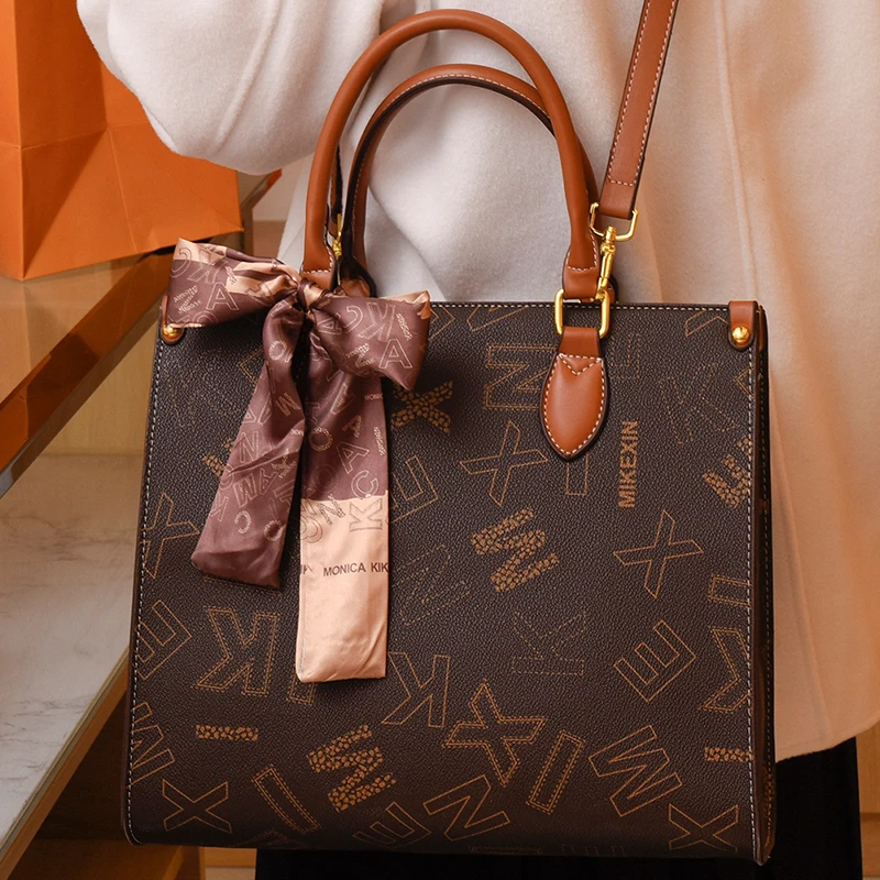 

Coffee Colour Female Shoulder Bag Silk Decoration Letter Print Medium Women's Crossbody Bags Quality Pu Leather Ladies Handbag