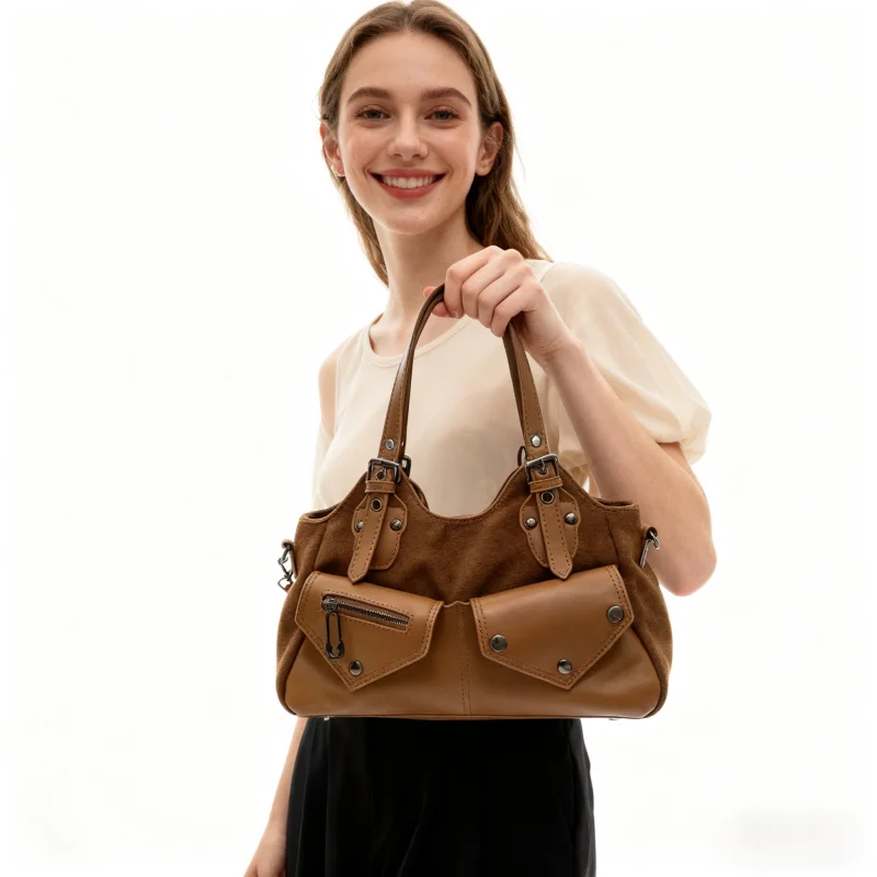 Women PU Fashion Shoulder Bag Large Capacity Vintage Tote Bag Adjustable Strap Slouchy Tote Handbag Multi-pockets Chic Hobo Bag