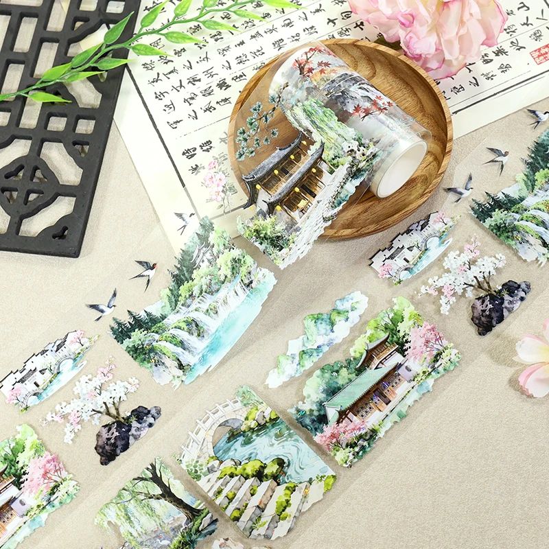 80mm * 200cm 빈티지 마운틴 리버 타워 풍경 PET 테이프 크리 에이 티브 DIY 저널 재료 콜라주 스크랩북 편지지