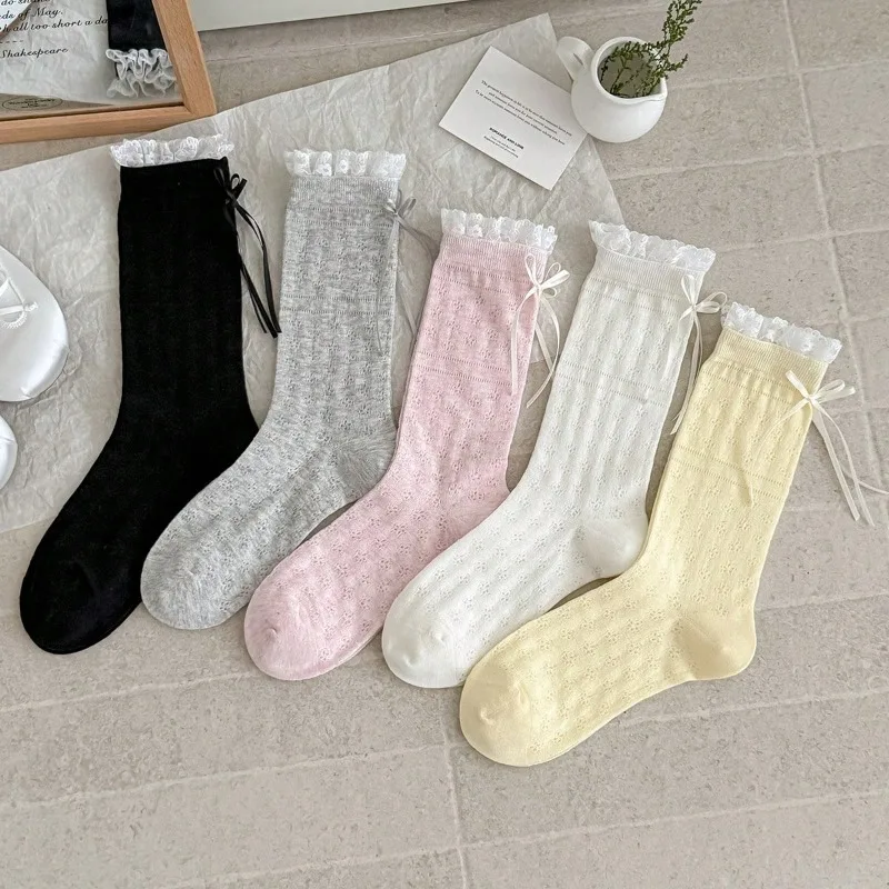 Women Socks New Fashion Spring Summer Thin Cute Lace Bow Long Socks For Women Solid Color Mesh Cute Lolita Girls Socks - 2