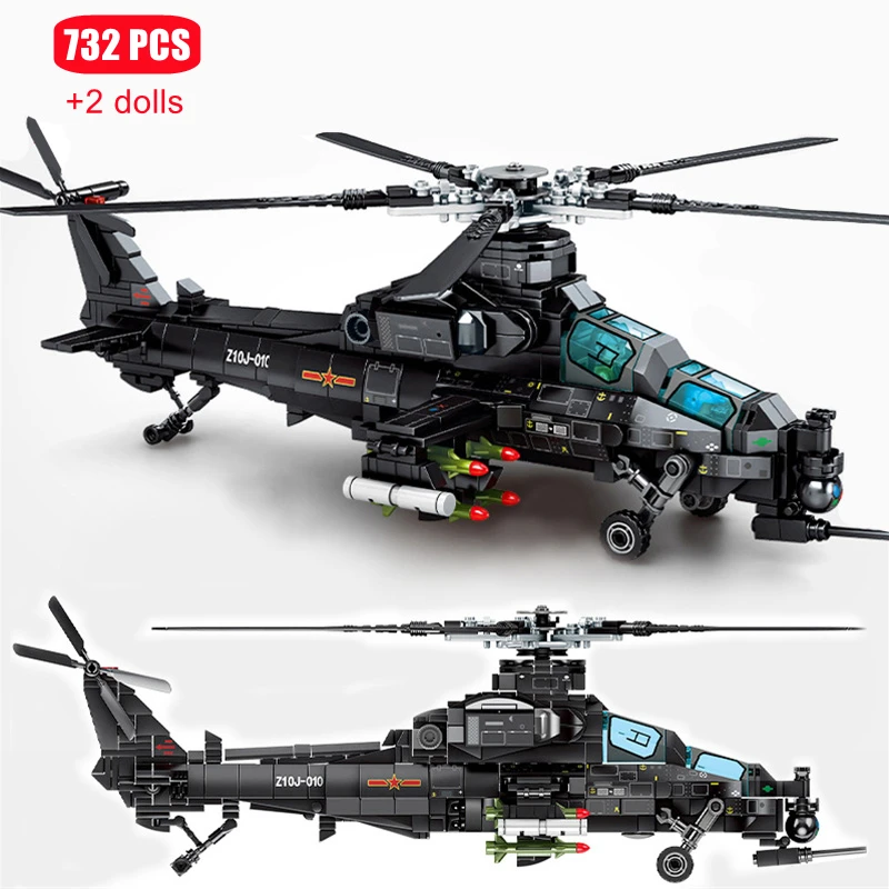 SEMBO 군용 헬리콥터 Z-10 모델 빌딩 블록, 도시 SWAT 무장 항공기 건쉽 브릭, 소년 생일 선물 장난감, 732 개