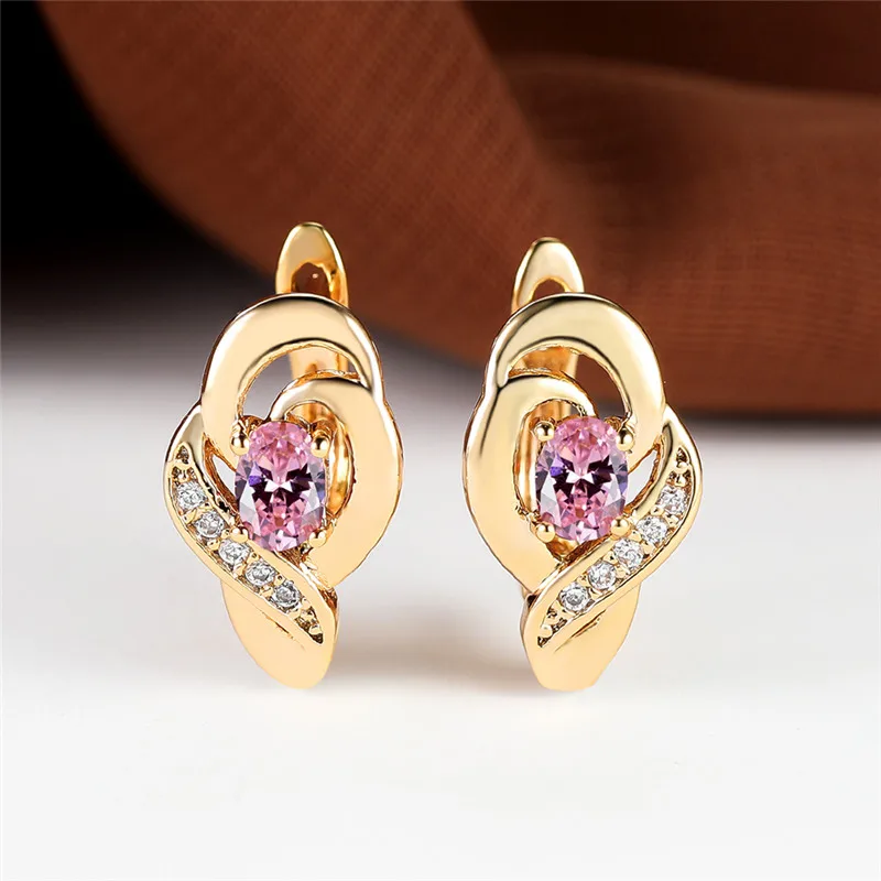 Elegant Pink Crystal Oval Stone Earrings Rainbow Zircon Hoop Earrings Trendy Gold Color Wedding Earrings For Women Party Jewelry