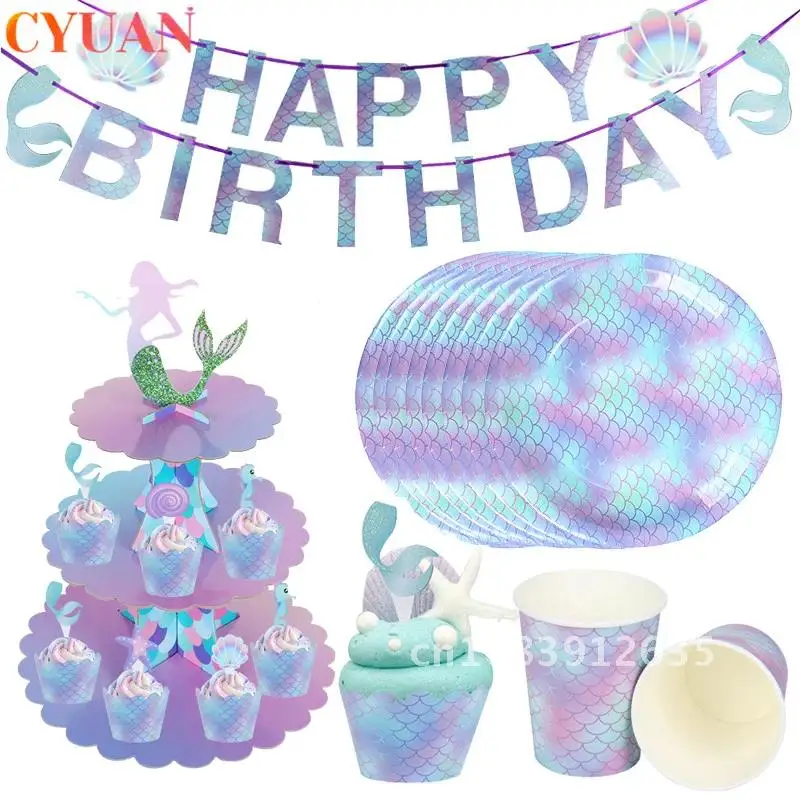 

Party Mermaids Tableware Paper Cups Plate Mermaid 1st Happy Birthday Party Favors Kids Birthday Parties Decorations Baby Shower