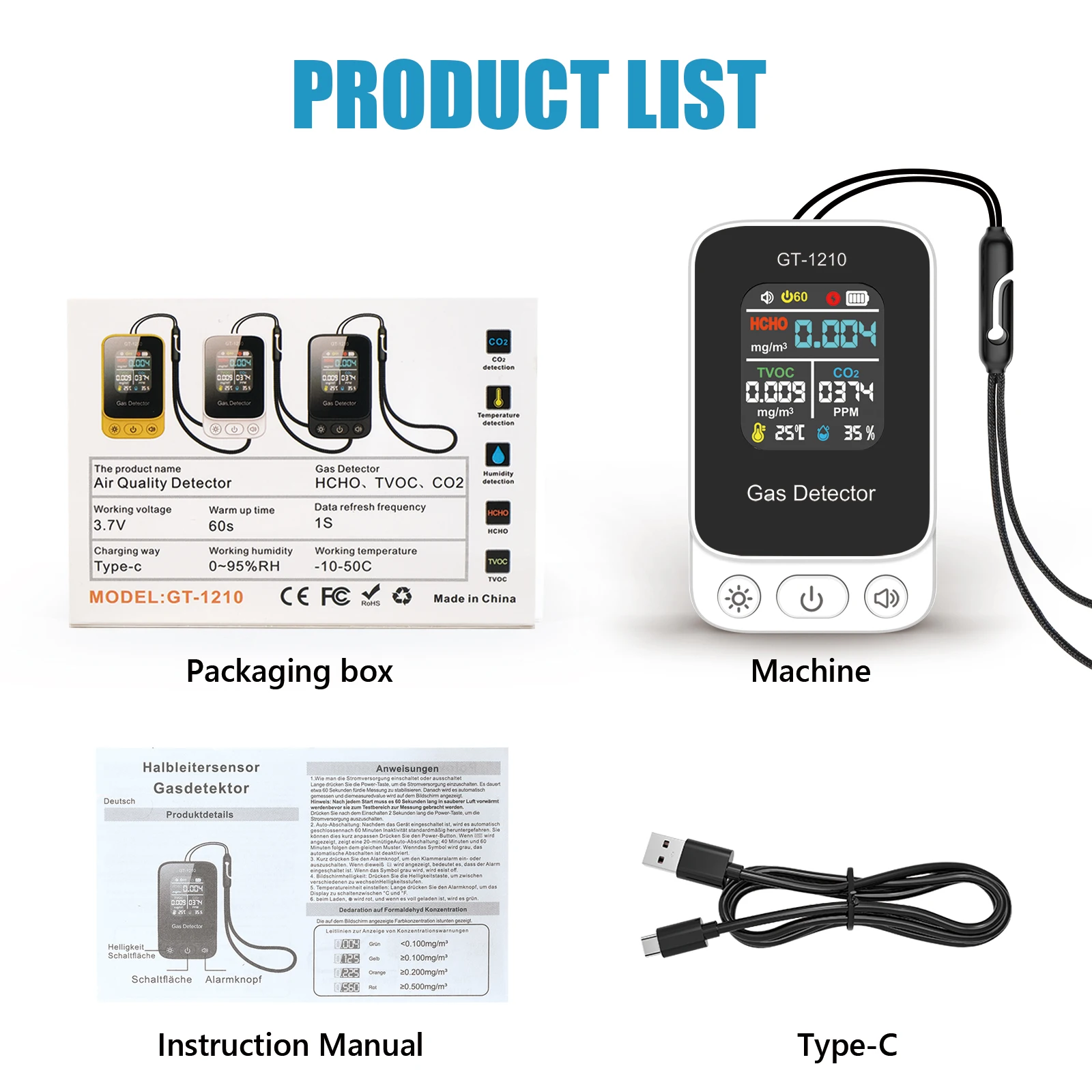 Air Quality Monitor CO2 Detector HCHO TVOC Tester Portable Gas Analyzer Indoor P