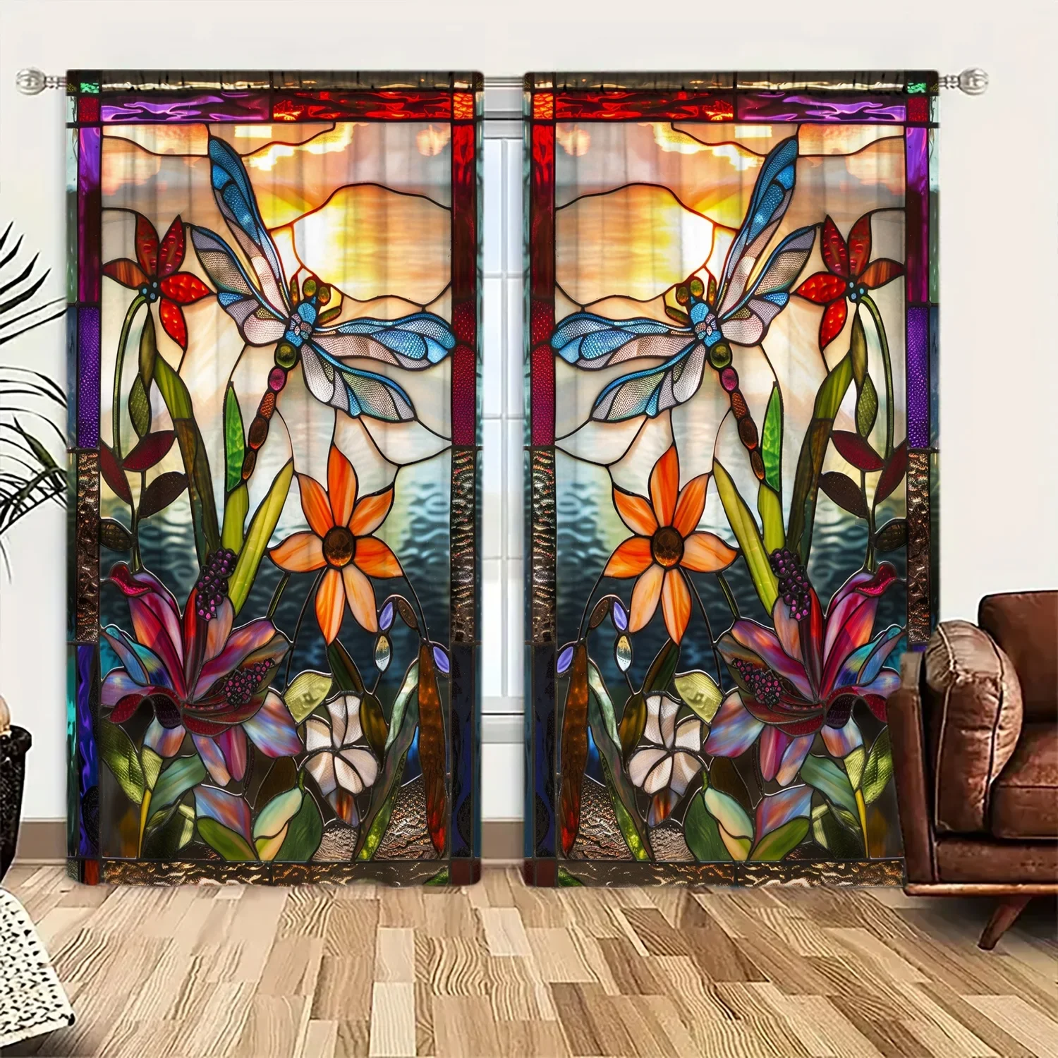 2pcs Stained Glass Dragonfly Printed Curtain - Artistic Home Decoration Curtains, All Season Decorative Curtains 4