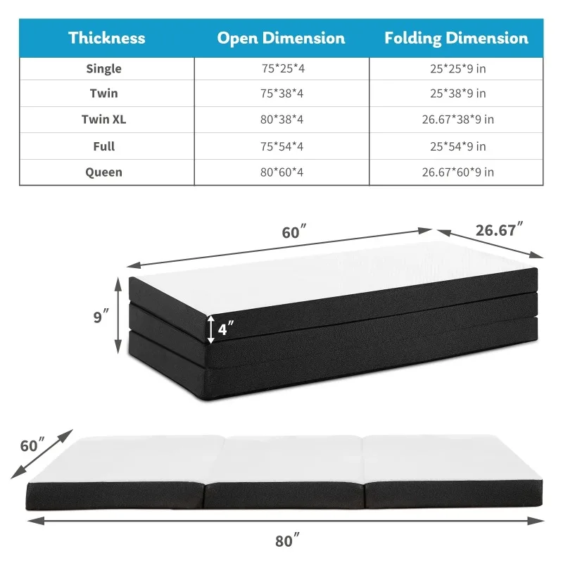 Folding Mattress, 4 inch Tri-fold Memory Foam Mattress Topper for Camping, Foldable Mattress Topper with Washable Cover 3