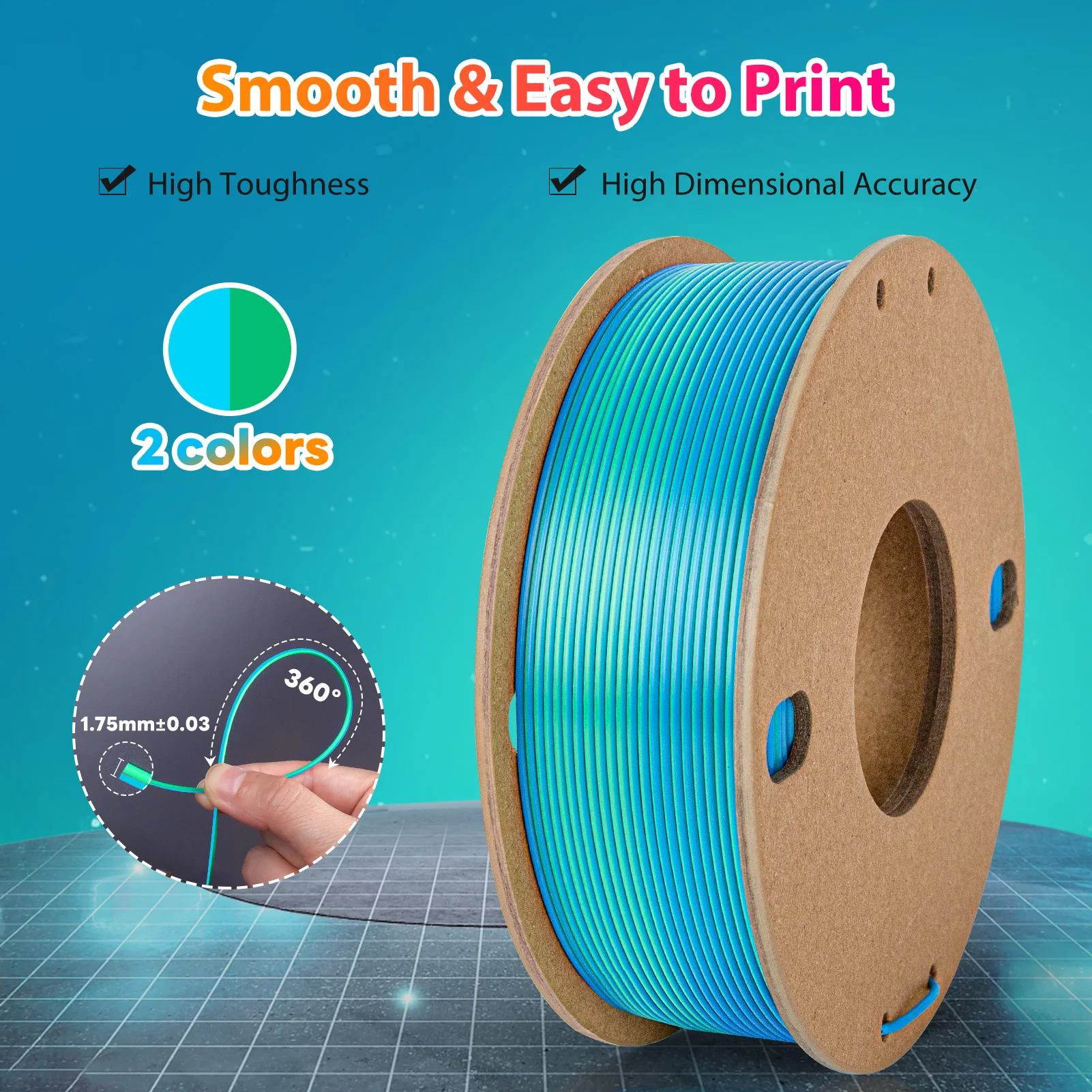 실크 PLA 3D 프린터 필라멘트 1.75mm 250g 이중 색상 3D 인쇄 필라멘트 PLA 3D 인쇄 필라멘트 2 in 1 색상 하늘색 녹색