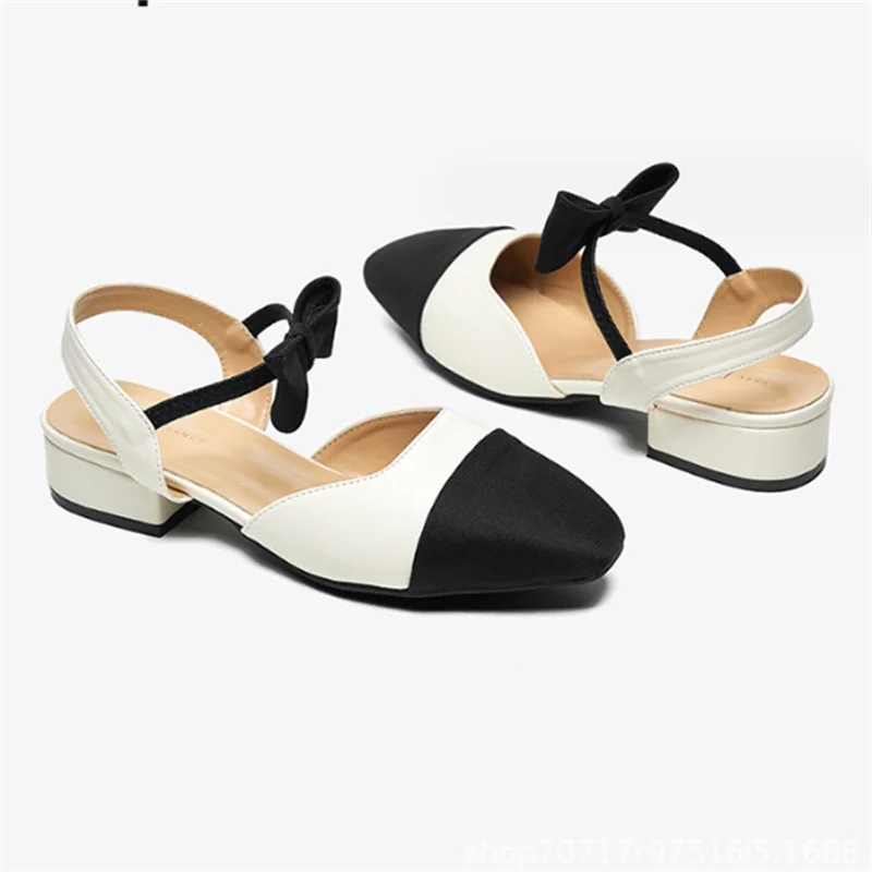 

2024 Summer New Lightweight Fashion Elegant Bow Tie Flat Mules For Women Korean Style Low Heel Color Block Sandals