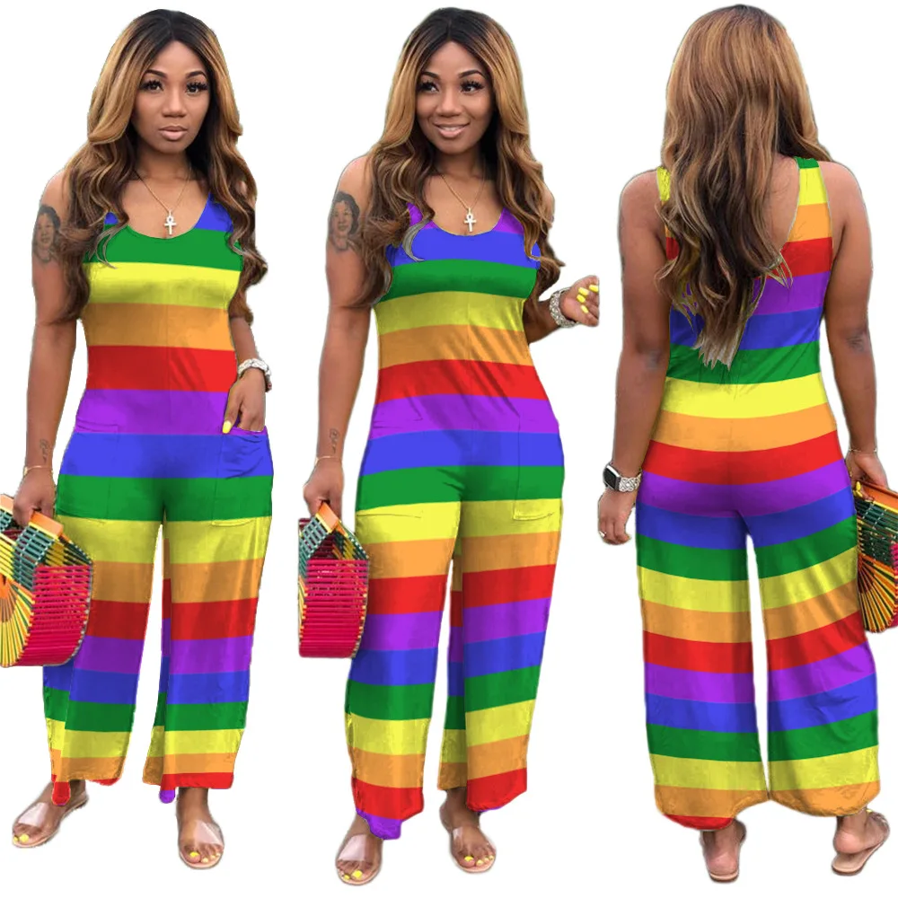 Women Rainbow Striped Jumpsuit New Sexy Sleeveless O-neck Party Straight Jumpsuits Oversize One Piece Rompers Overalls Plus Size