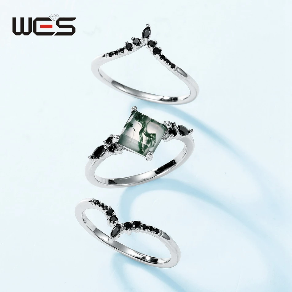 WES 925 Sterling Silver Crown Moss Agate Leaf Ring Sets for Women Mom Crystal Natural Gem Anniversary Jewelry Wholesale Gift 4