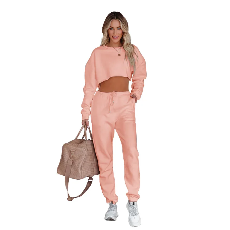 Autumn and Winter New Solid Color Round Neck Sleeve Head Crop Long Sleeve Hoodie Women's Fashion Casual Drawstring Pants Suit