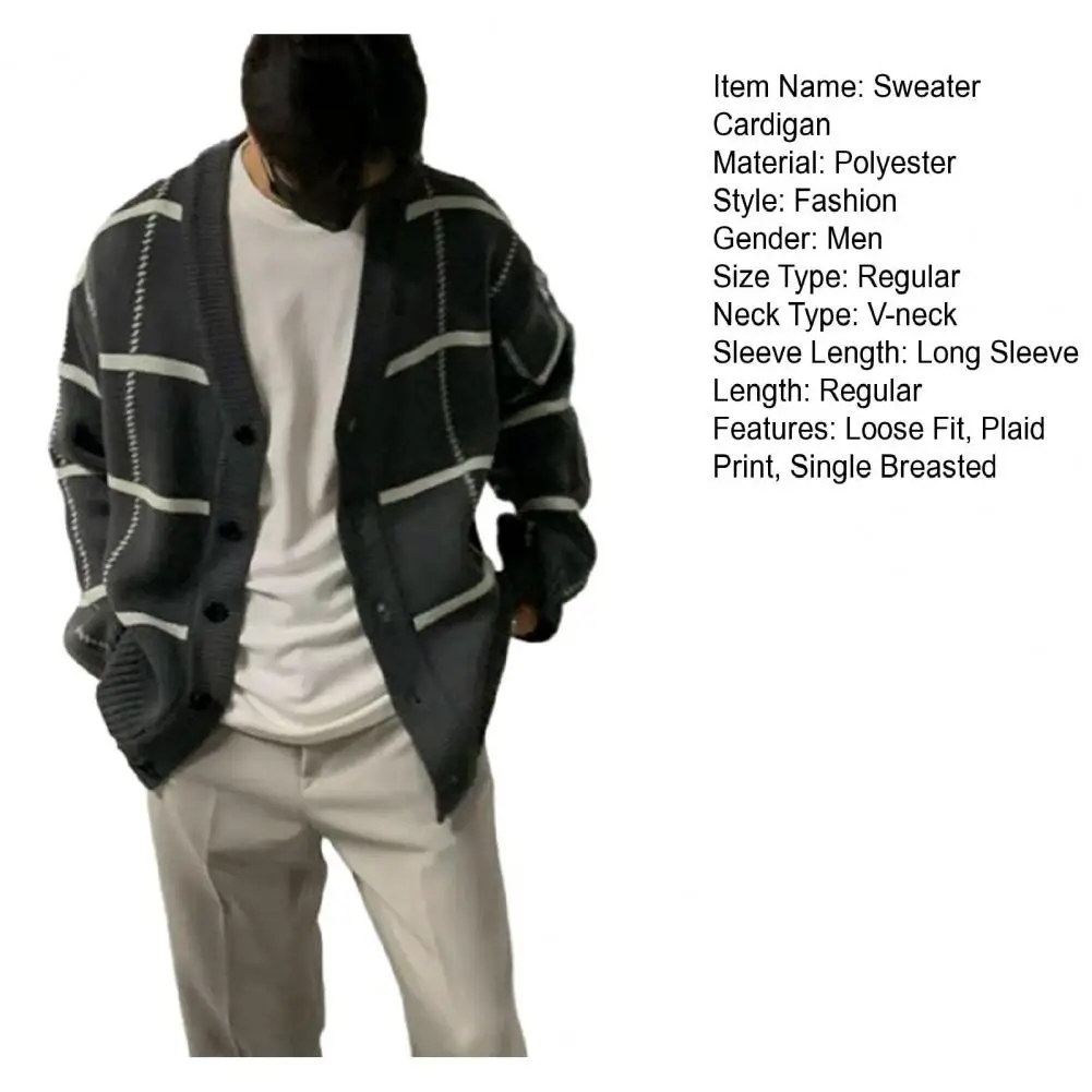 Description Picture 3 of itemMen Vintage Knitwear Cardigan Stylish Men's V-neck Plaid Print Cardigan Sweater Coat for Autumn Winter Casual Streetwear Luxury