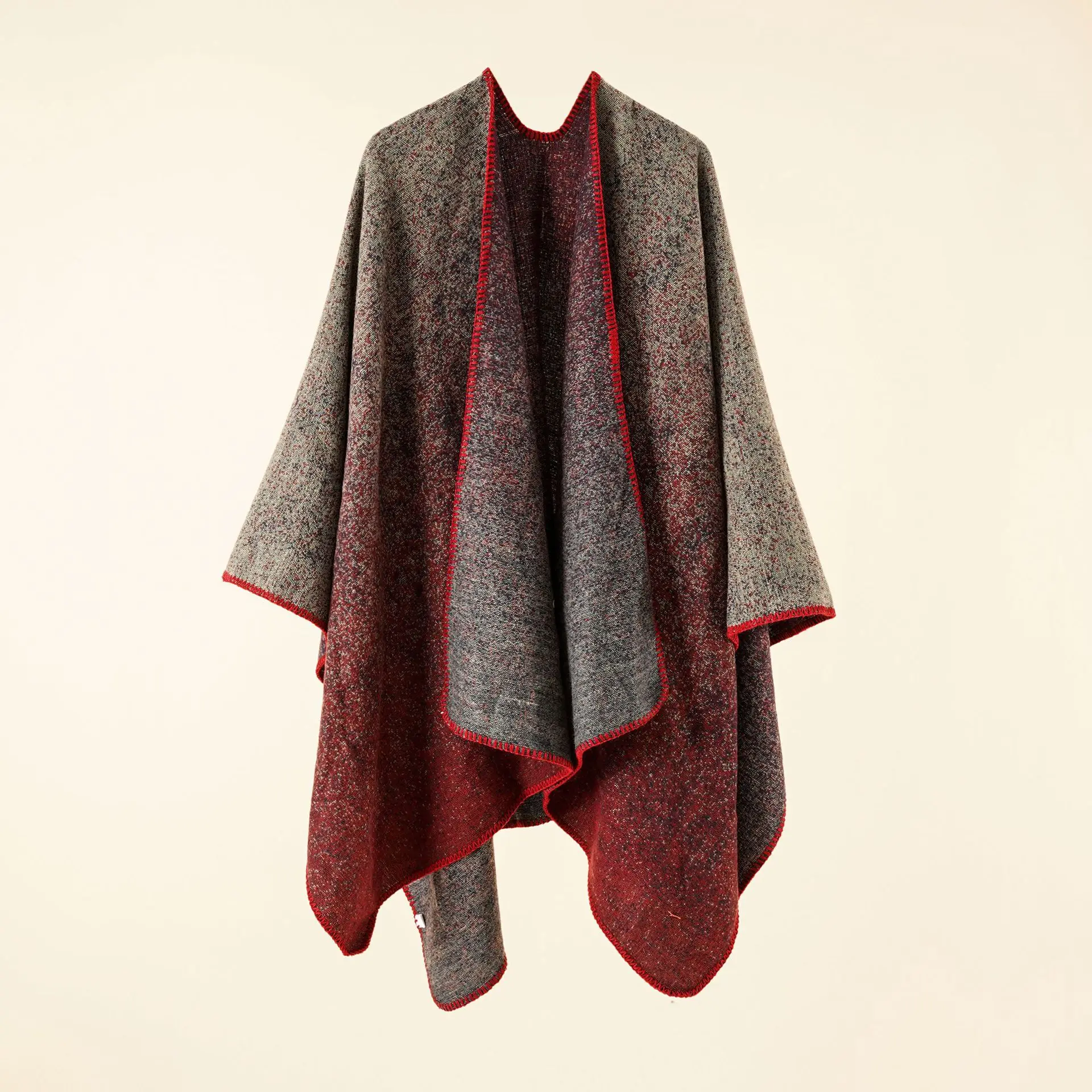 

2022 Autumn Winter New Street Solid Color Gradient Herringbone Imitation Cashmere Warm Shawl Cloak Poncho Capes Red
