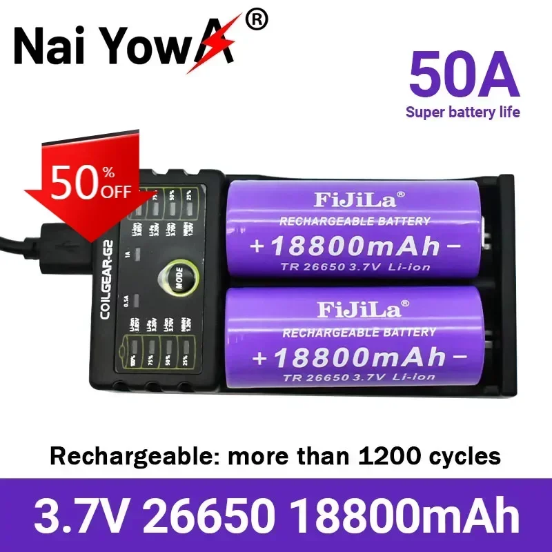 

New 3.7V 26650 Battery 18800mAh Li-ion Rechargeable Battery for LED Flashlight Torch Li-ion Battery Accumulator Battery+Charger