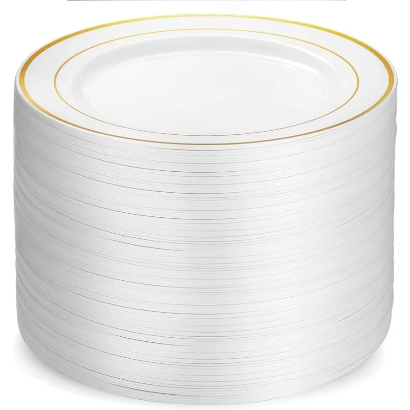 100 Piece Plastic Party Plates White Gold Rim 10.25 Inch Dinner Elegant Fancy Heavy Duty Disposable Wedding Plates dining dish