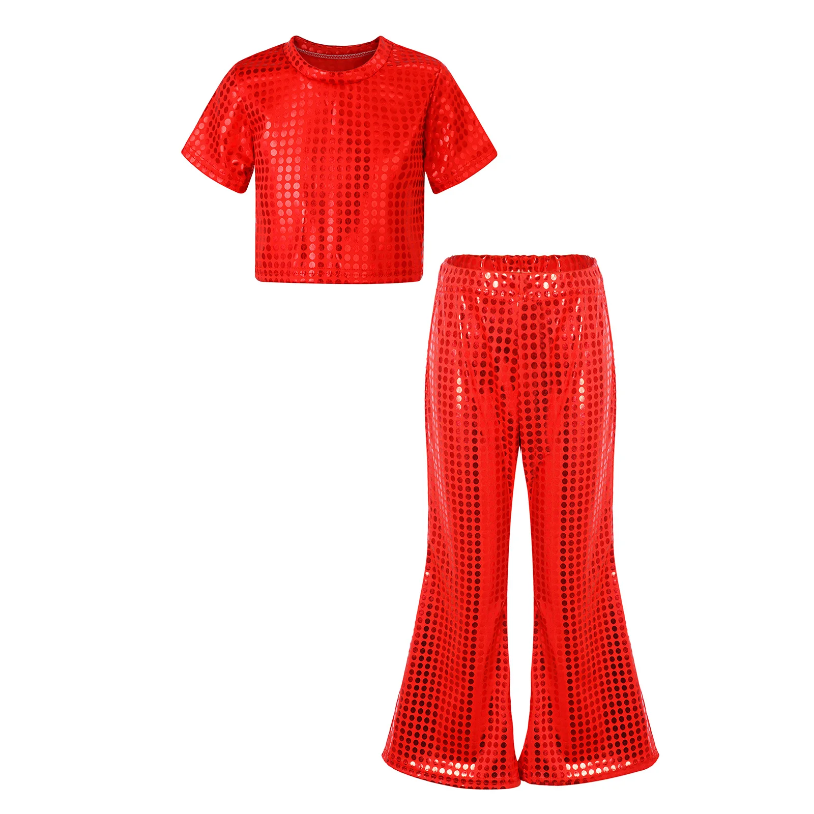 Kinder Mädchen glänzend metallisch Jazz Hip Hop Tanz Disco Rave Party Bühne Performance Kostüm Kurzarm Crop Top mit ausgestellten Hosen – Detail 22
