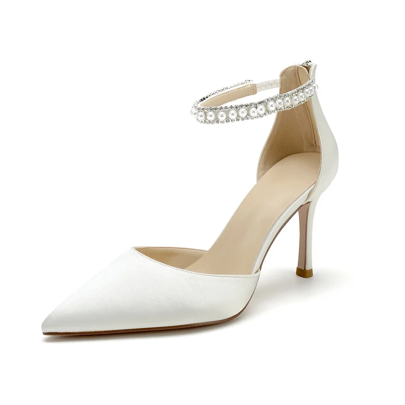 

Satin Pearls High Heel Wedding Shoes for Bride Pointed Toe Formal Party Heels Zipper Back Bridal Pumps Women Heeled Sandals