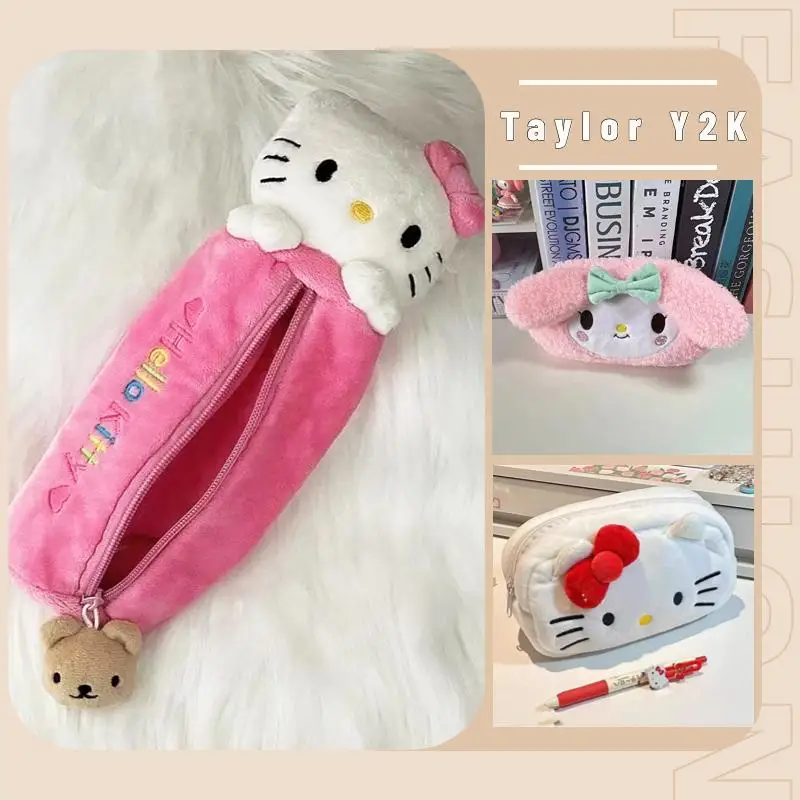 

2023 Sanrio, Hello Kitty сумка для карандашей в стиле аниме Cinnamoroll My Melody, плюшевая сумка для макияжа, кавайная вместительная школьная коробка для канцелярских принадлежностей
