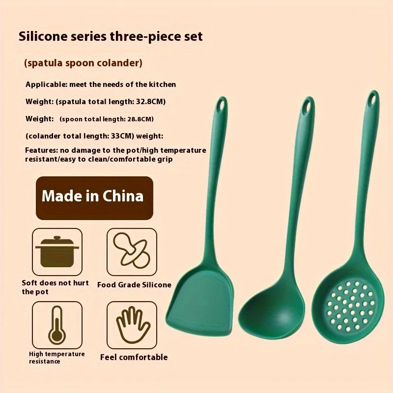 Three-piece Dark Green Silicone Kitchenware Set, Including A Silicone Spatula, A Spoon, and Slotted Spoon.