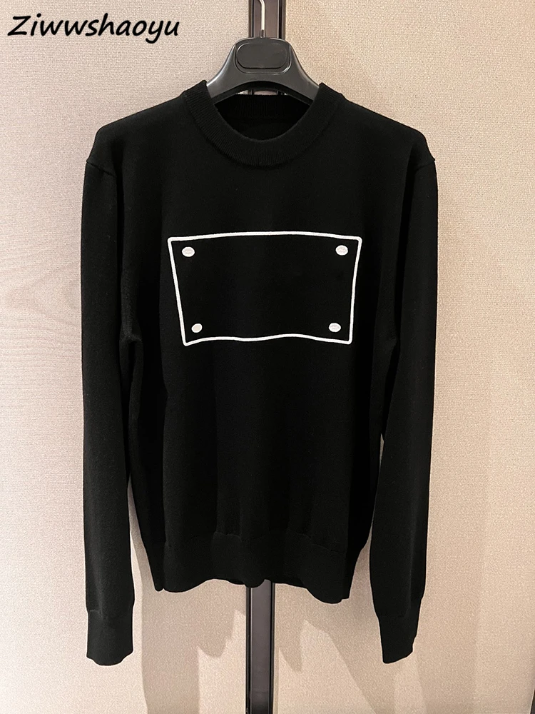 

High Quality Autumn Women Fashion Runway Designer Lantern Long Sleeve Letter Printed Knitting Black Pullovers Wool Sweaters